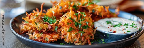 Crispy vegetable fritters served on a plate accompanied by a white dipping sauce, showcasing vegetarian cuisine. photo