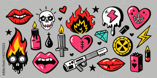 Doodle grunge rock set, hand drawn vector graffiti groovy punk print kit, emo gothic heart sign. Marker scribble sticker, crayon wax paint collage icon, gun, fire, knife, lips. Street grunge doodle