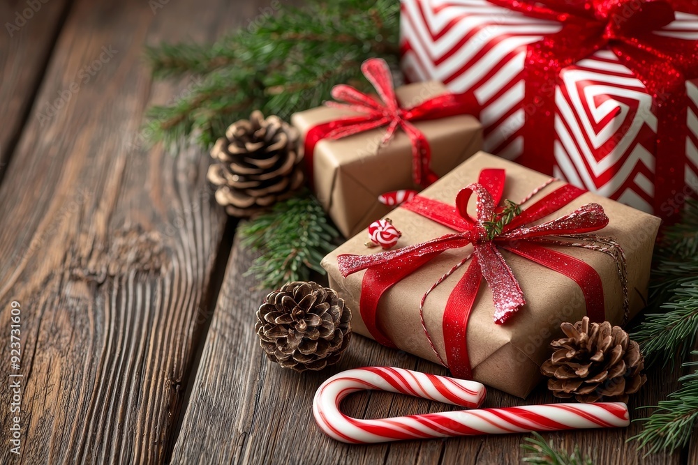 Green Christmas branch and presents on wooden background Green Christmas branch and presents on wooden background