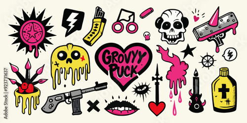 Doodle grunge rock set, hand drawn vector graffiti groovy punk print kit, emo gothic heart sign. Marker scribble sticker, crayon wax paint collage icon, gun, fire, knife, lips. Street grunge doodle