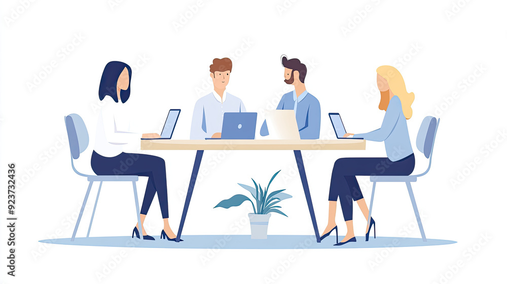 Illustration of a team of professionals meeting in a modern office setting, working on laptops, discussing business strategies. Illustration of a team of professionals meeting in a modern office setting, working on laptops, discussing business strategies.