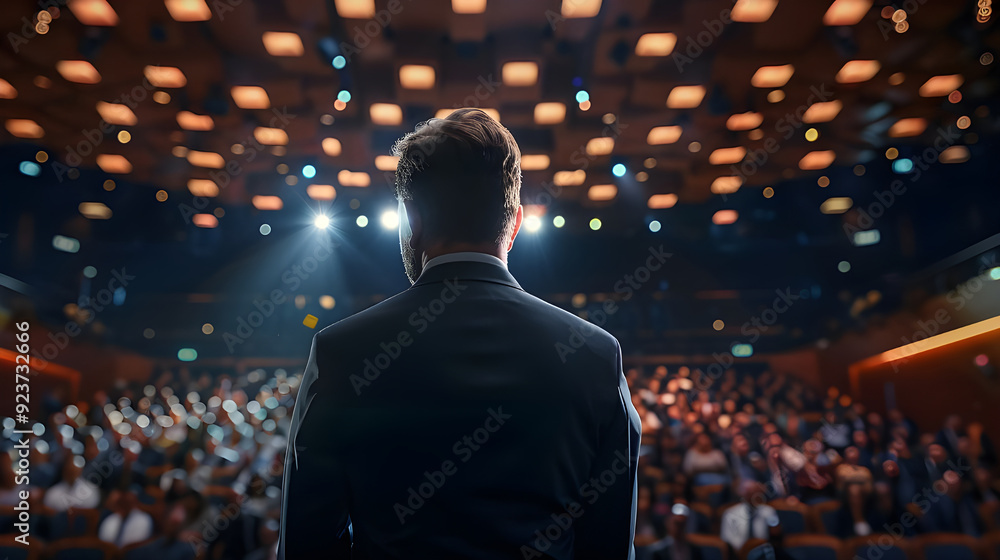 A speaker, seen from behind, addresses a large audience in a packed auditorium, illuminated by bright stage lights. A speaker, seen from behind, addresses a large audience in a packed auditorium, illuminated by bright stage lights.