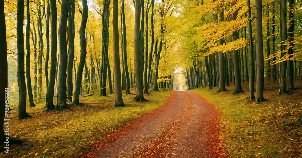 A scenic path winds through a vibrant autumn forest, sunlight filtering through the golden leaves. Ideal for nature blogs, travel brochures, or fall-themed designs. A scenic path winds through a vibrant autumn forest, sunlight filtering through the golden leaves. Ideal for nature blogs, travel brochures, or fall-themed designs.