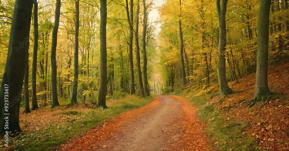 A scenic path winds through a vibrant autumn forest, sunlight filtering through the golden leaves. Ideal for nature blogs, travel brochures, or fall-themed designs. A scenic path winds through a vibrant autumn forest, sunlight filtering through the golden leaves. Ideal for nature blogs, travel brochures, or fall-themed designs.