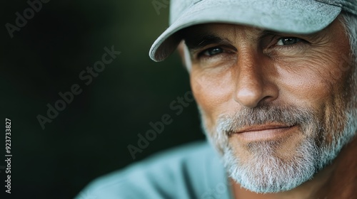 A close-up image of an older man with a gentle smile, wearing a cap, radiating calmness and contentment, captured with a blurred dark green background to emphasize his features.