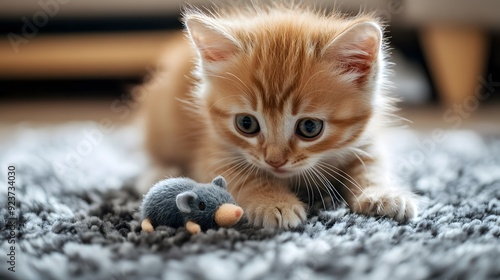 Kitten playing with a toy mouse on a soft rug in a homie room photo