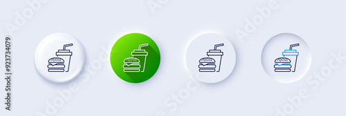Hamburger with drink line icon. Neumorphic, Green gradient, 3d pin buttons. Fast food restaurant sign. Hamburger or cheeseburger symbol. Line icons. Neumorphic buttons with outline signs. Vector