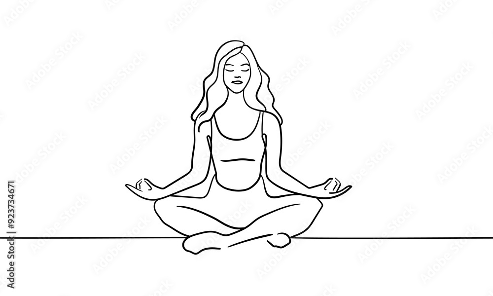 Woman sitting in meditation continuous line art drawing isolated on white background. Concentration line art drawing. Vector illustration Woman sitting in meditation continuous line art drawing isolated on white background. Concentration line art drawing. Vector illustration