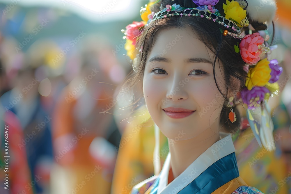 Portrait of a North Korean Woman in Traditional Attire Celebrating a Festival Outdoors. Capturing the Beauty and Pride of North Korean Culture During a Joyous Occasion. A Reflection of Ethnic Heritage Portrait of a North Korean Woman in Traditional Attire Celebrating a Festival Outdoors. Capturing the Beauty and Pride of North Korean Culture During a Joyous Occasion. A Reflection of Ethnic Heritage