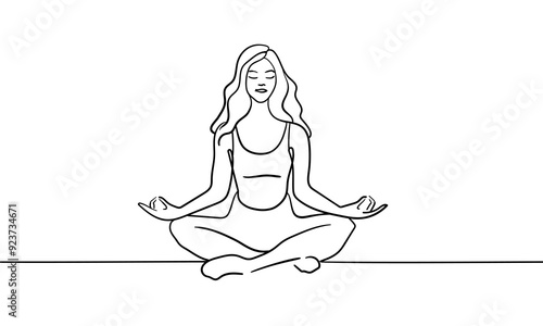 Woman sitting in meditation continuous line art drawing isolated on white background. Concentration line art drawing. Vector illustration