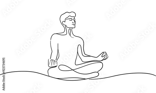 Man sitting in meditation continuous line art drawing isolated on white background. Concentration line art drawing. Vector illustration