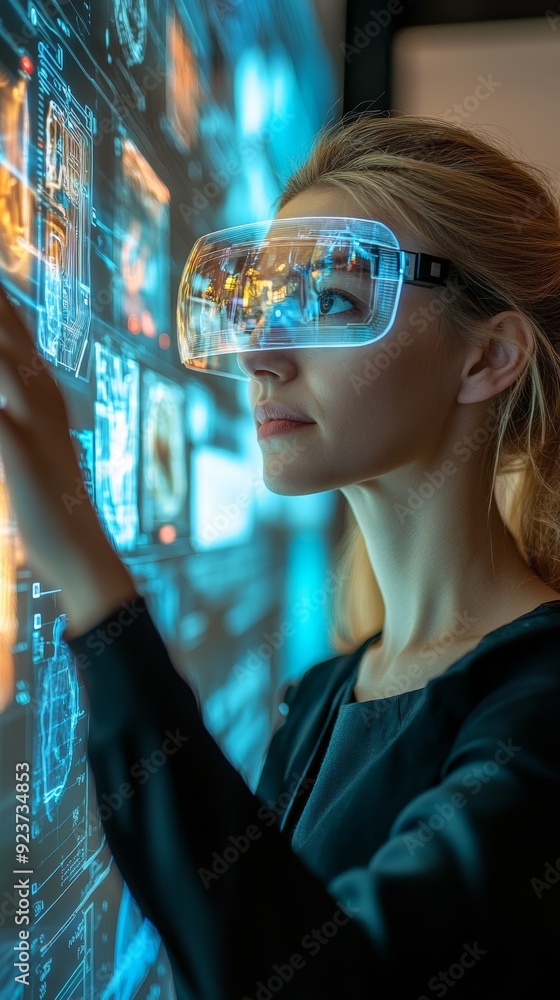 Businesswoman giving a presentation using advanced augmented reality technology Businesswoman giving a presentation using advanced augmented reality technology