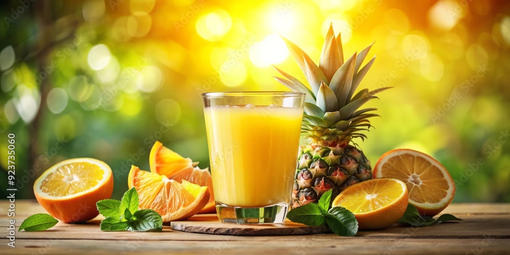 vibrant tropicana morning dew droplets on citrus slices glass filled with orange pineapple juice against sunny yellow background with natural light and blurred plants vibrant tropicana morning dew droplets on citrus slices glass filled with orange pineapple juice against sunny yellow background with natural light and blurred plants