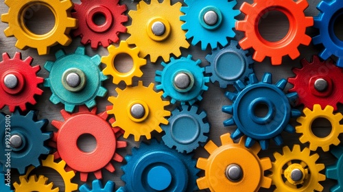 Wallpaper Mural Artistic representation of teamwork using interlocking gears in bright, contrasting colors Torontodigital.ca