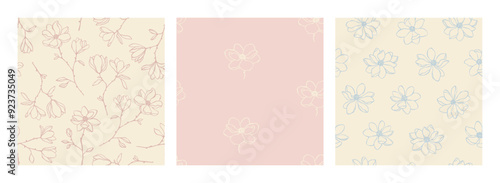 Hand drawn set of vector seamless patterns with magnolia flowers in pastel color. Elegant floral background for textile, cover, print. Endless pattern with charming line art flowers. Cute illustration