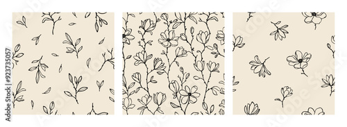 Set of vector seamless patterns with elegant line art magnolia flowers, branches and buds in neutral colors. Hand drawn lovely botanical background for covers and textile. Linear floral patterns