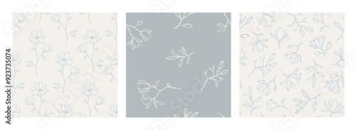 Set of vector seamless patterns with elegant line art magnolia flowers, branches and buds in pastel colors. Hand drawn lovely botanical background for wrapping and textile. Linear floral patterns
