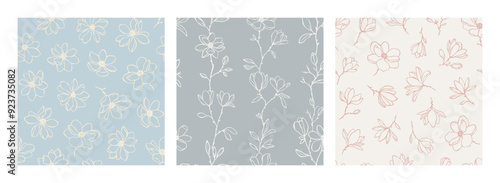 Set of vector seamless patterns with elegant line art magnolia flowers, branches and buds in pastel colors. Hand drawn lovely botanical background for wrapping and textile. Linear floral patterns