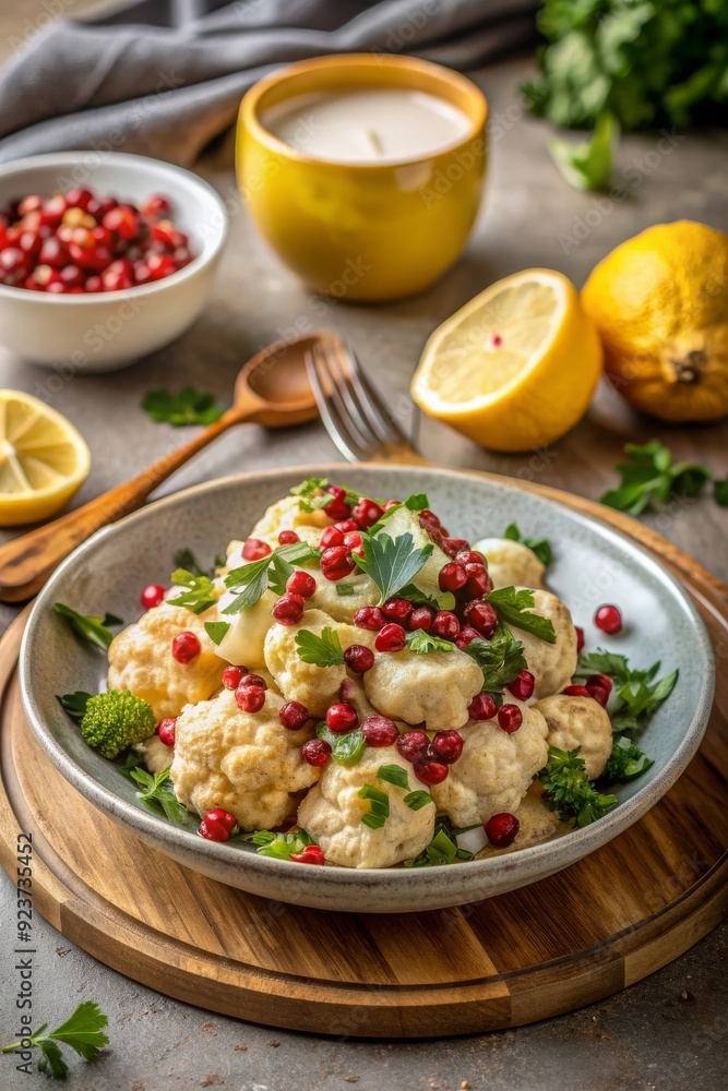 Ensalada de coliflor con granos de granada y perejil fresco, servida en un plato gris, acompañada de limón y una bebida caliente en un entorno acogedor. Ensalada de coliflor con granos de granada y perejil fresco, servida en un plato gris, acompañada de limón y una bebida caliente en un entorno acogedor.