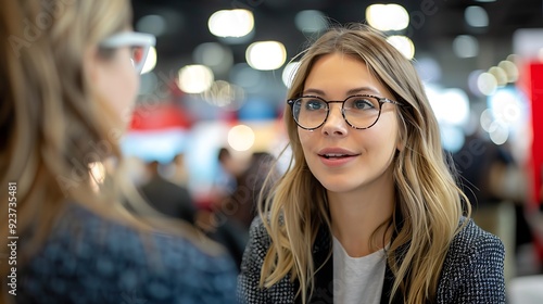 A candid shot of a career fair interview, recruiter explaining job roles to a candidate, background featuring a bustling environment with other booths and participants, bright and engaging,