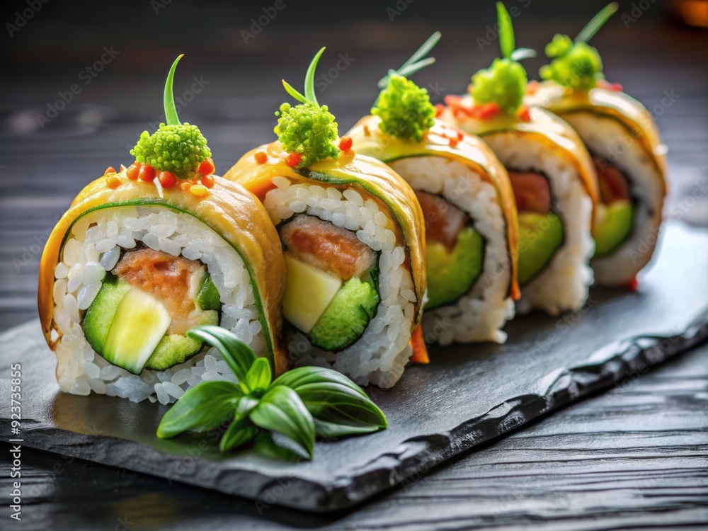 Vibrant dragon roll sushi featuring tempura shrimp, crab, and avocado, garnished with thinly sliced daikon and wasabi, on a modern black stone plate. Vibrant dragon roll sushi featuring tempura shrimp, crab, and avocado, garnished with thinly sliced daikon and wasabi, on a modern black stone plate.