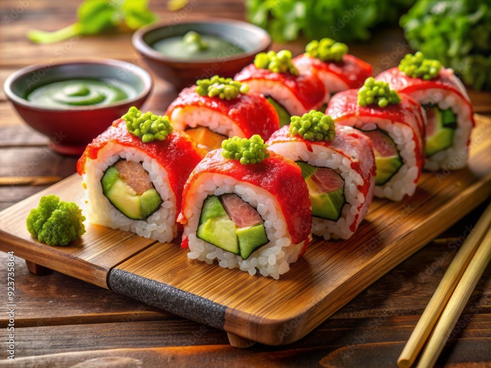 Vibrant maki rolls overflowing with spicy tuna, crab, and avocado, garnished with wasabi and pickled ginger, await discovery on a rustic wooden sushi board. Vibrant maki rolls overflowing with spicy tuna, crab, and avocado, garnished with wasabi and pickled ginger, await discovery on a rustic wooden sushi board.