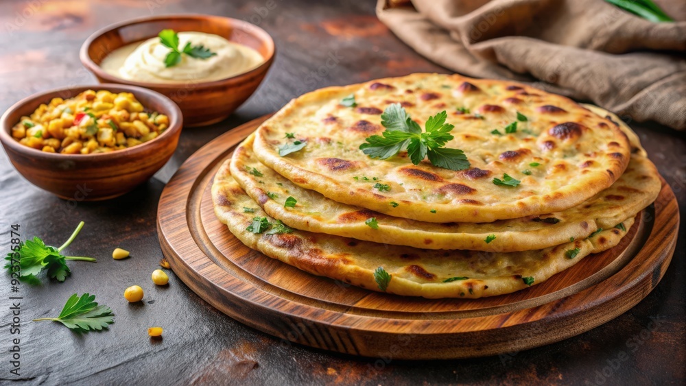 Traditional Indian flatbread stuffed with spiced mashed potatoes, aloo paratha, Indian cuisine, stuffed bread