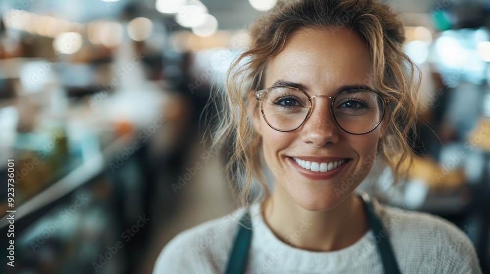 A barista with curly hair working in a modern café, focusing on her tasks with a busy and bustling background filled with light and customers. Great image for lifestyle or workplace themes. A barista with curly hair working in a modern café, focusing on her tasks with a busy and bustling background filled with light and customers. Great image for lifestyle or workplace themes.