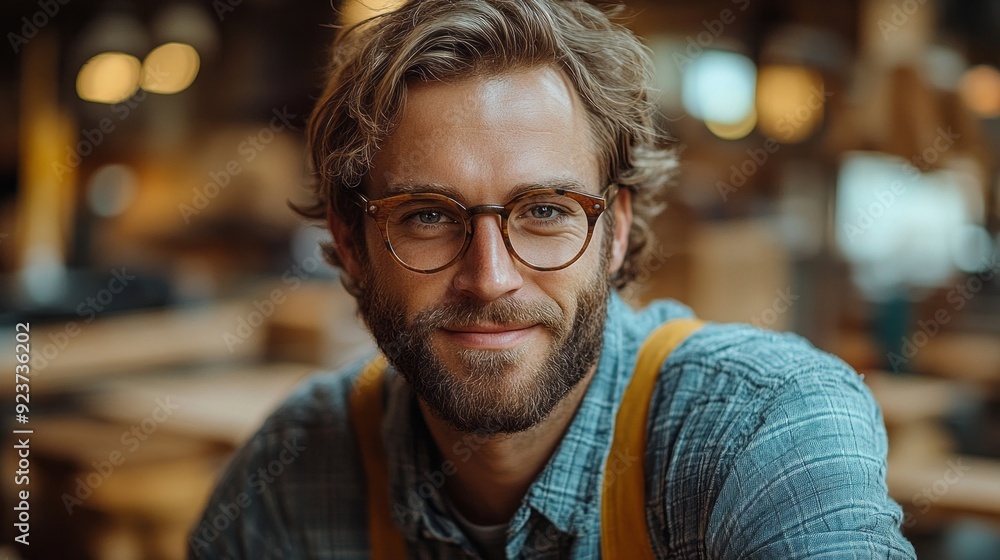 A cheerful young man wearing glasses and a plaid shirt enjoys a peaceful moment in a beautifully lit workshop A cheerful young man wearing glasses and a plaid shirt enjoys a peaceful moment in a beautifully lit workshop