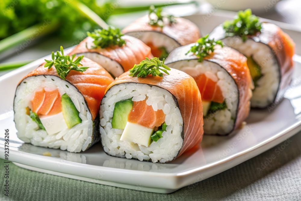Freshly prepared sushi roll filled with smoked salmon, cream cheese, and cucumber, wrapped in seaweed and sliced into bite-sized pieces on a white plate. Freshly prepared sushi roll filled with smoked salmon, cream cheese, and cucumber, wrapped in seaweed and sliced into bite-sized pieces on a white plate.