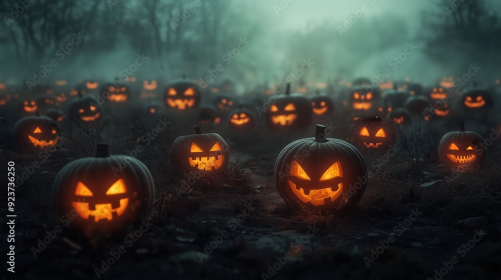 Field of Glowing Jack-o'-Lanterns in a Foggy Night with Haunting Smiles and Eerie Atmosphere on Halloween Field of Glowing Jack-o'-Lanterns in a Foggy Night with Haunting Smiles and Eerie Atmosphere on Halloween
