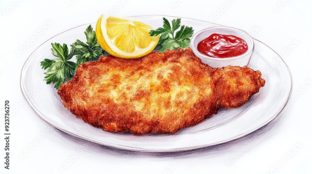 Detailed colored pencil sketch of a freshly cooked Wiener Schnitzel, golden-brown crispy coating European cuisine Realistic schnitzel on a white plate Detailed colored pencil sketch of a freshly cooked Wiener Schnitzel, golden-brown crispy coating European cuisine Realistic schnitzel on a white plate