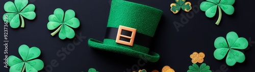 A festive St. Patrick's Day scene featuring a green hat and vibrant shamrocks on a dark background, perfect for holiday celebrations. photo