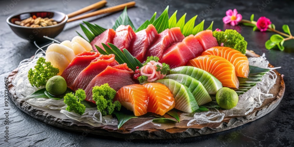 Vibrant arrangement of fresh raw sashimi, featuring assorted fish types, garnished with green onions, ginger, and wasabi, on a elegant black stone platter. Vibrant arrangement of fresh raw sashimi, featuring assorted fish types, garnished with green onions, ginger, and wasabi, on a elegant black stone platter.