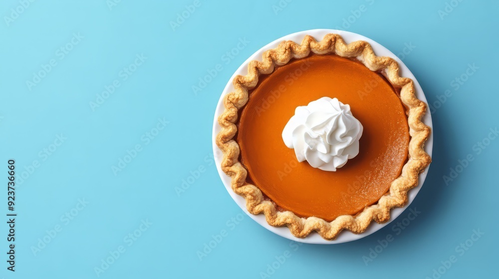 Delicious pumpkin pie with a golden crust and whipped cream on a blue background, perfect for autumn and festive occasions. Delicious pumpkin pie with a golden crust and whipped cream on a blue background, perfect for autumn and festive occasions.