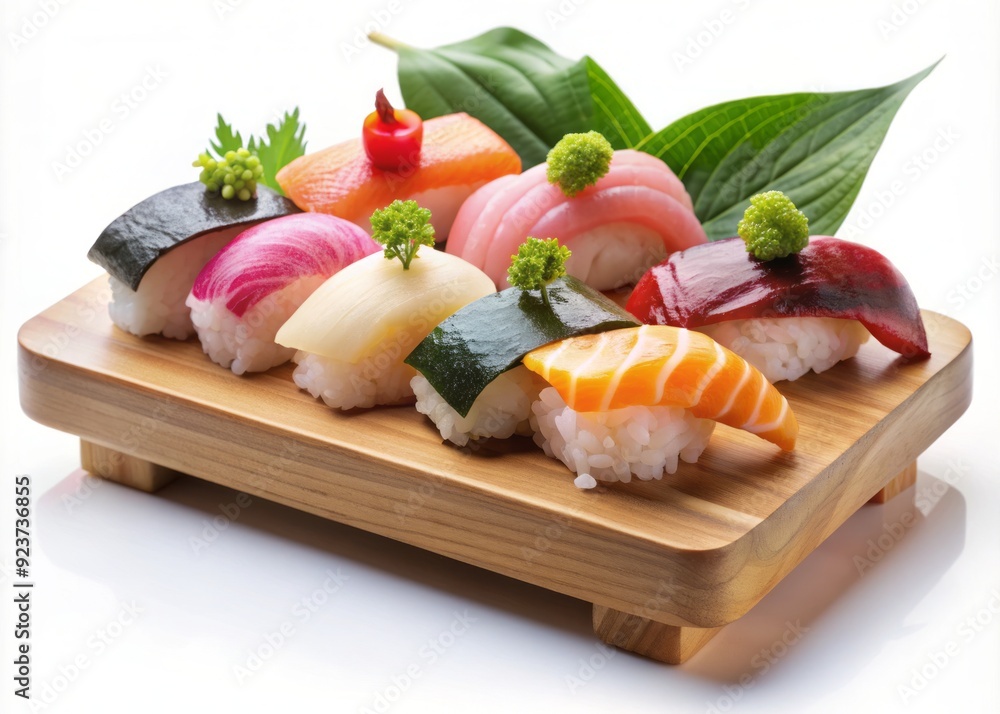 Assorted nigiri sushi pieces on a wooden platter, garnished with thin slices of daikon and shiso leaves, against a clean white background. Assorted nigiri sushi pieces on a wooden platter, garnished with thin slices of daikon and shiso leaves, against a clean white background.