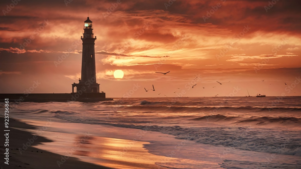 A silhouette of a lighthouse at sunset appears on a beach by the ocean. A silhouette of a lighthouse at sunset appears on a beach by the ocean.