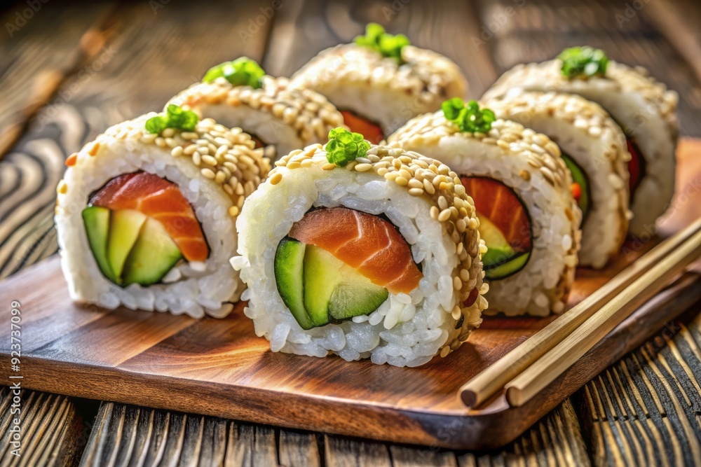 Delicious and nutritious sushi rolls with fresh salmon, avocado, and cucumber, garnished with sesame seeds and served on a natural wood background. Delicious and nutritious sushi rolls with fresh salmon, avocado, and cucumber, garnished with sesame seeds and served on a natural wood background.