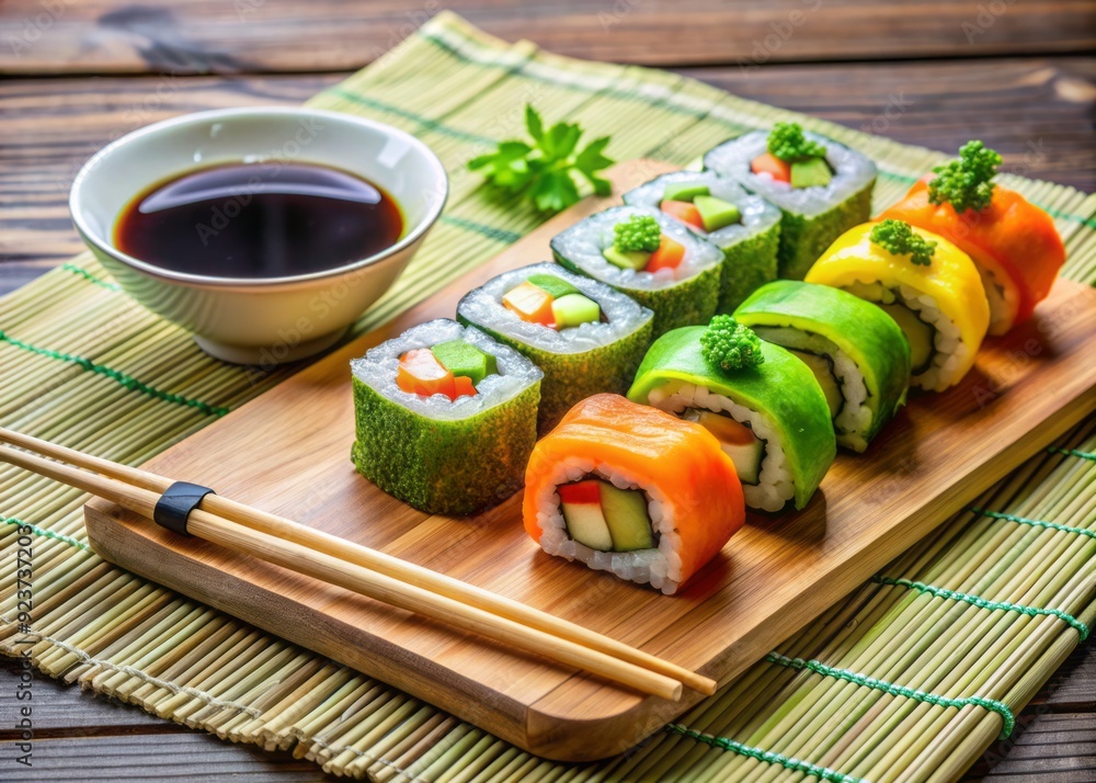 Colorful vegan sushi set featuring cucumber, avocado, and carrot rolls on a bamboo mat with soy sauce and wasabi on a minimalist wooden backdrop. Colorful vegan sushi set featuring cucumber, avocado, and carrot rolls on a bamboo mat with soy sauce and wasabi on a minimalist wooden backdrop.