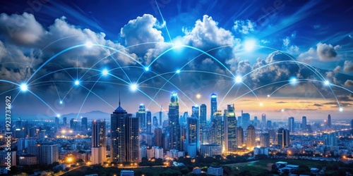 Fototapeta Naklejka Na Ścianę i Meble -  Futuristic image of 5G wireless networks, cloud computing, and smart city technology, technology, connectivity
