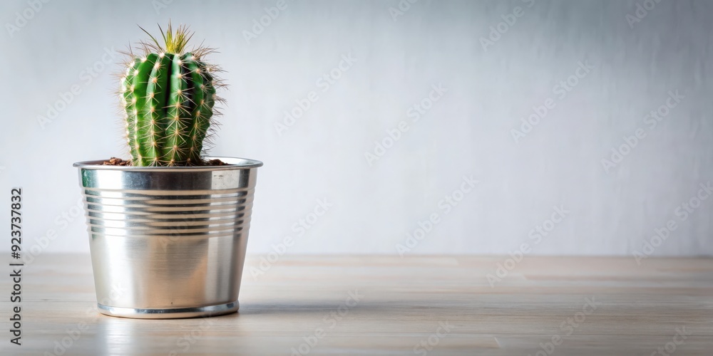 Fototapeta premium Cactus plant in a shiny chrome metal pot, , chrome, metal, cactus, plant, pot, succulent, desert, decorative
