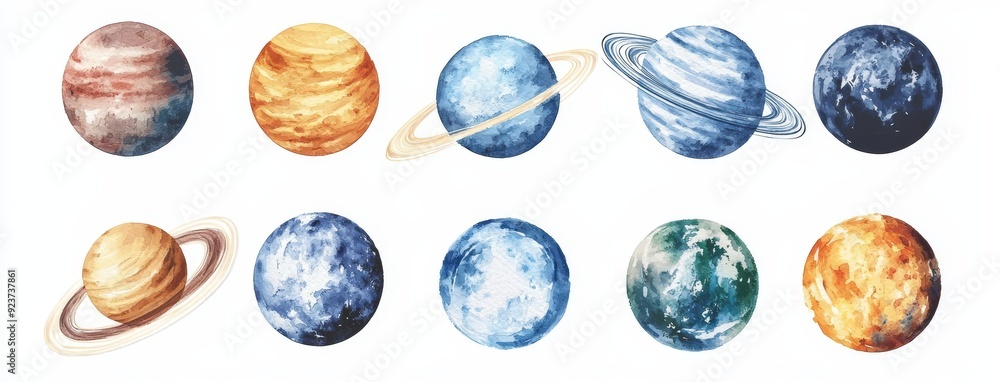 Watercolour set of planets of the solar system. Watercolor planets Sun, Moon, Mercury, Venus, Mars, Jupiter, Saturn, Uranus, Neptune. Universe space. Galaxy art. Galaxy cover. Watercolour set of planets of the solar system. Watercolor planets Sun, Moon, Mercury, Venus, Mars, Jupiter, Saturn, Uranus, Neptune. Universe space. Galaxy art. Galaxy cover.