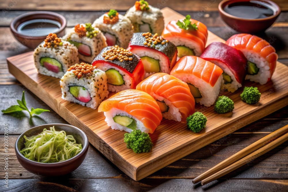 Vibrant assortment of freshly prepared sushi rolls, sashimi, and nigiri, garnished with sesame seeds, wasabi, and pickled ginger, on a elegant wooden sushi board. Vibrant assortment of freshly prepared sushi rolls, sashimi, and nigiri, garnished with sesame seeds, wasabi, and pickled ginger, on a elegant wooden sushi board.