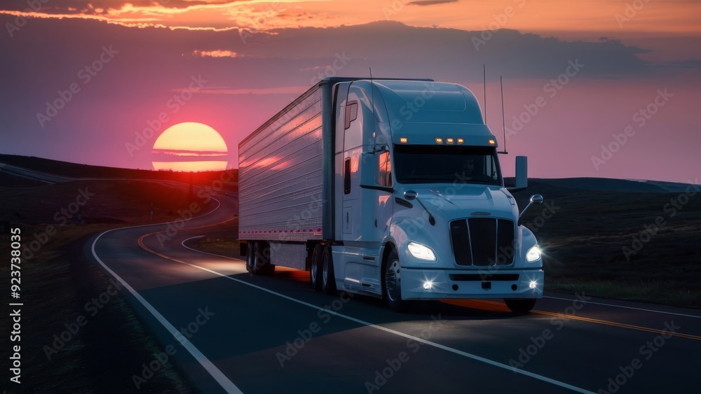 White Truck Traveling on Evening Road Toward Sunset White Truck Traveling on Evening Road Toward Sunset