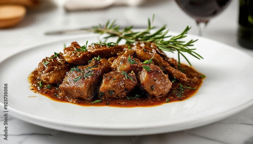 Trozos de conejo guisado en una salsa espesa, decorados con romero fresco, servidos en un plato blanco. Trozos de conejo guisado en una salsa espesa, decorados con romero fresco, servidos en un plato blanco.