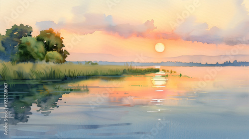 Golden Hour Serenity: A tranquil watercolor painting captures the ethereal beauty of a sunset over a serene lake.