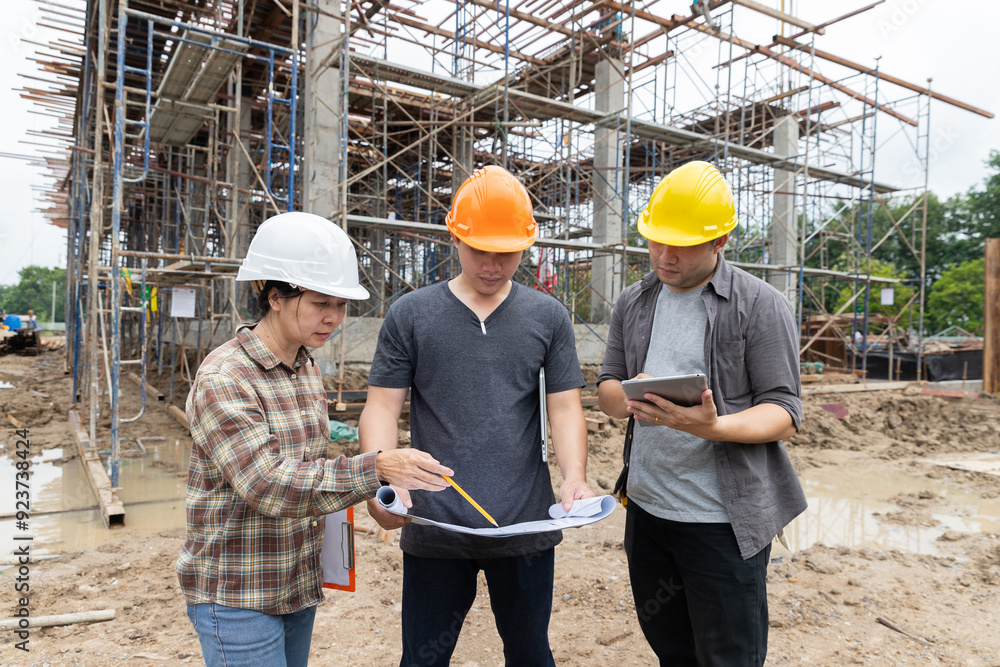 © skarie - Team of construction workers discussing project details with blueprint in construction site.