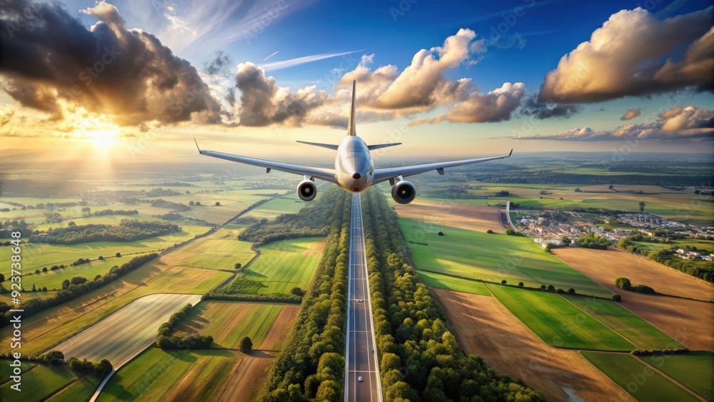 Fototapeta premium Aerial view of a plane flying along a clear path in the sky, plane, path, airplane, flight, flying, journey, travel