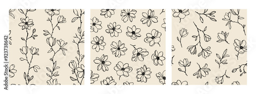 Set of vector seamless patterns with elegant line art magnolia flowers, branches and buds in neutral colors. Hand drawn lovely botanical background for covers and textile. Linear floral patterns