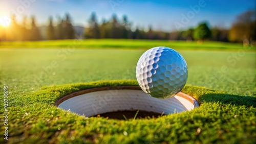 Golf ball precariously balanced on the lip of a golf hole , sports, golf, close-up, challenge, competition photo